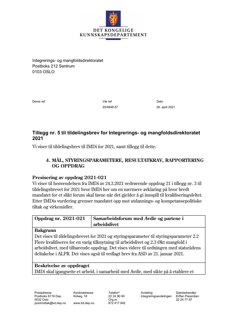 Forsiden av dokumentet Tildelingsbrev Integrerings- og mangfoldsdirektoratet (IMDi) 2021 - tillegg nr. 5