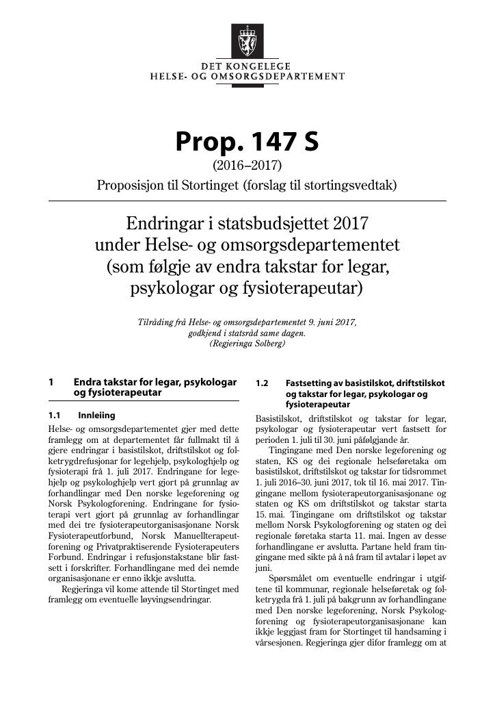 Forsiden av dokumentet Prop. 147 S (2016–2017)