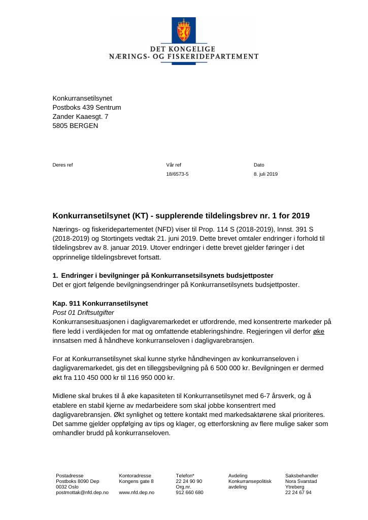 Forsiden av dokumentet Supplerende tildelingsbrev nr. 1 Konkurransetilsynet 2019