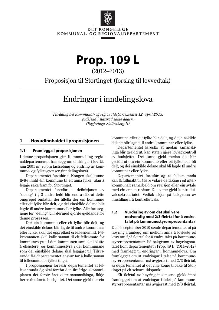 Forsiden av dokumentet Prop. 109 L (2012–2013)