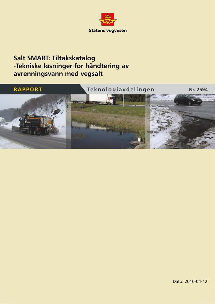 Forsiden av dokumentet SaltSMART: Tiltakskatalog - tekniske løsninger for håndtering av avrenningsvann med vegsalt