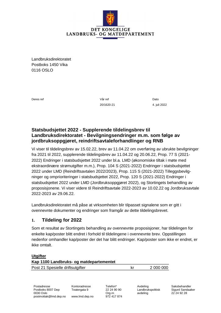 Forsiden av dokumentet Tildelingsbrev Landbruksdirektoratet 2022 - tillegg