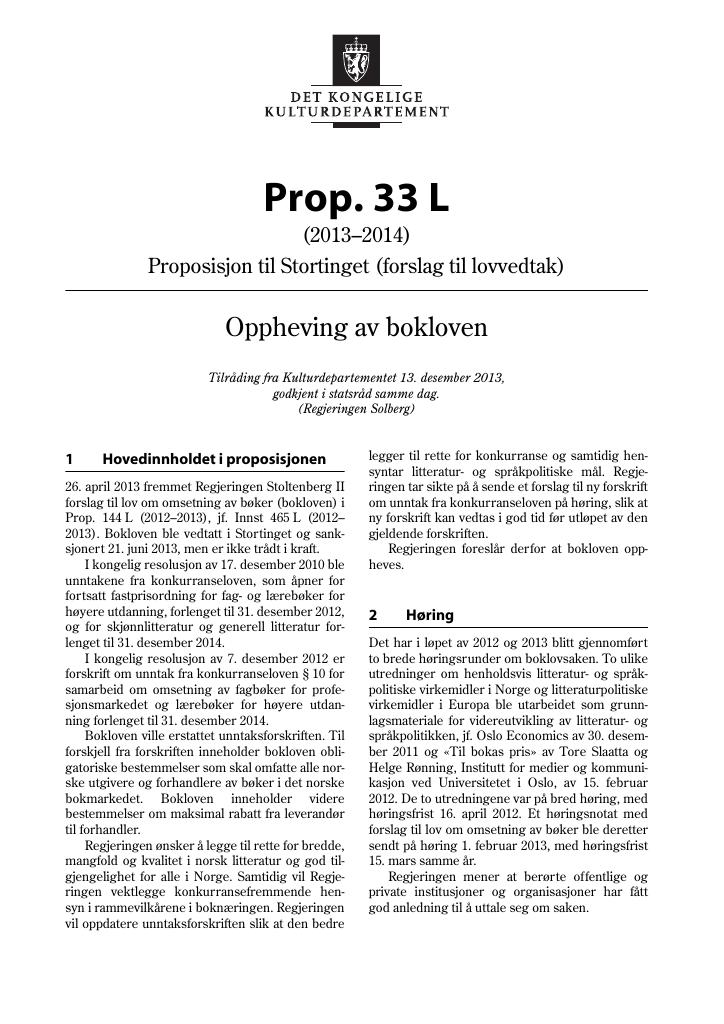 Forsiden av dokumentet Prop. 33 L (2013–2014)