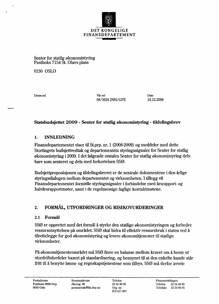 Forsiden av dokumentet Tildelingsbrev Senter for statlig økonomistyring 2009