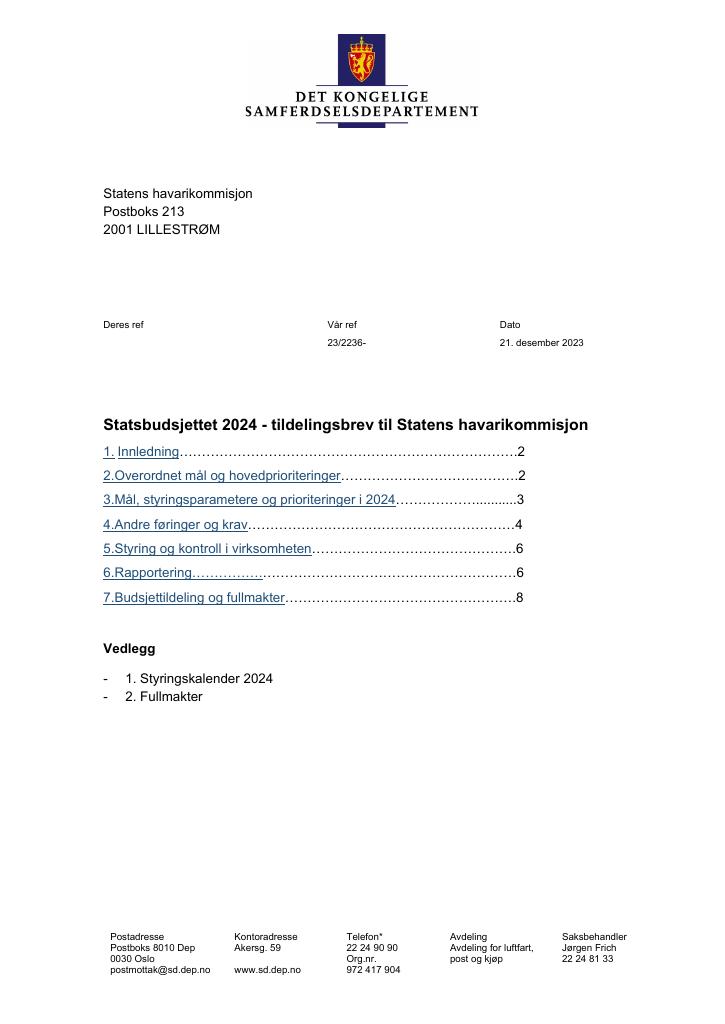 Forsiden av dokumentet Tildelingsbrev Statens havarikommisjon 2024