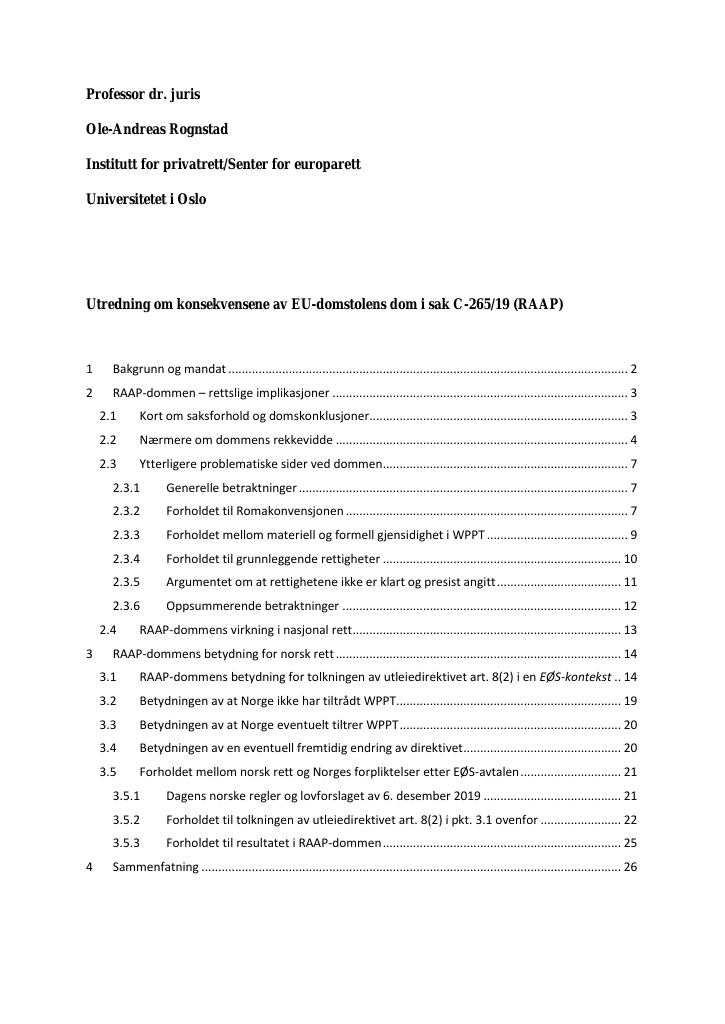 Forsiden av dokumentet Utredning av EU-dom om vederlagsrett til artister og plateselskap