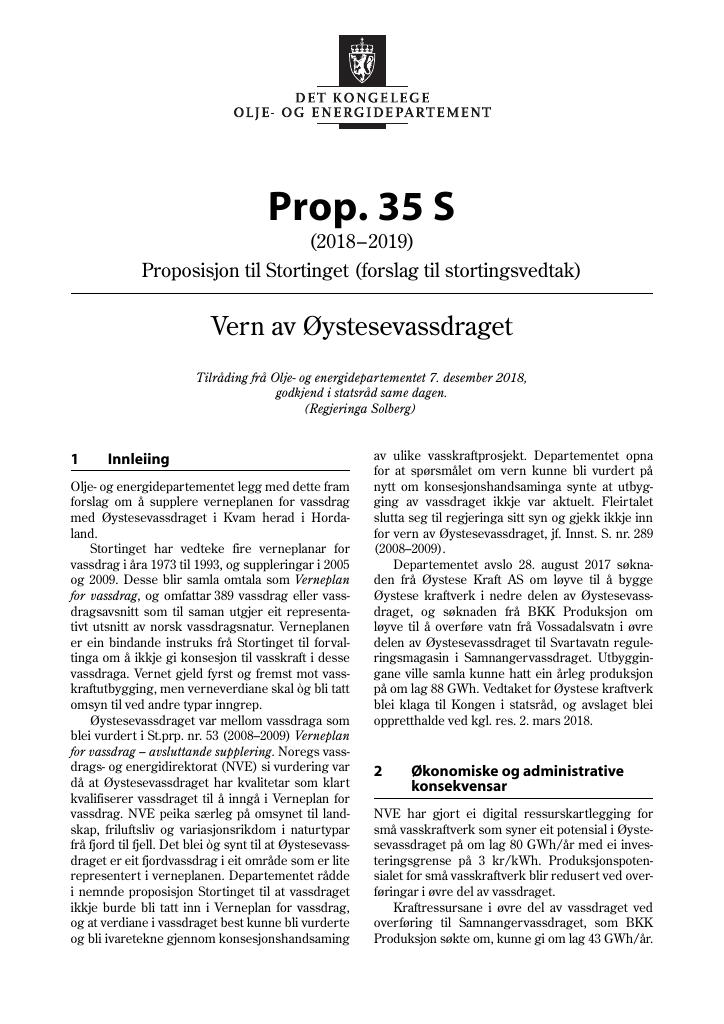 Forsiden av dokumentet Prop. 35 S (2018–2019)