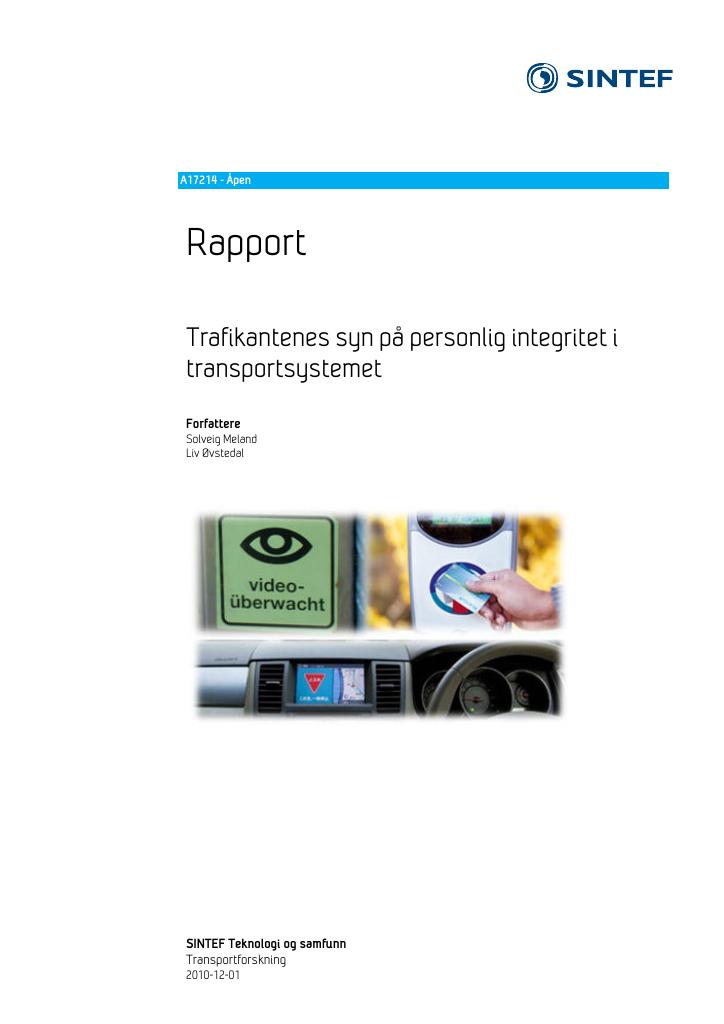 Forsiden av dokumentet Trafikantens syn på personlig integritet i transportsystemet