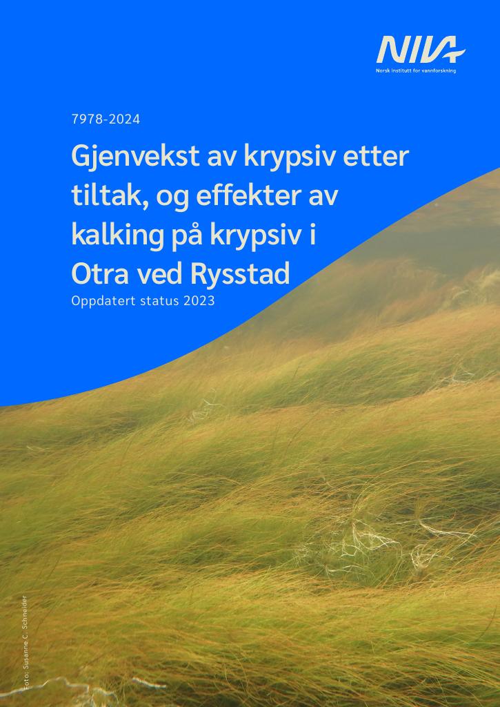 Forsiden av dokumentet Gjenvekst av krypsiv etter tiltak, og effekter av kalking på krypsiv i Otra ved Rysstad : Oppdatert status 2023