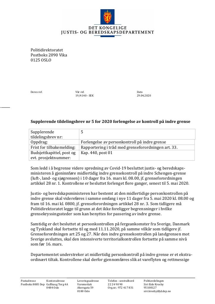 Forsiden av dokumentet Supplerende tildelingsbrev Politidirektoratet 2020 - nr. 5