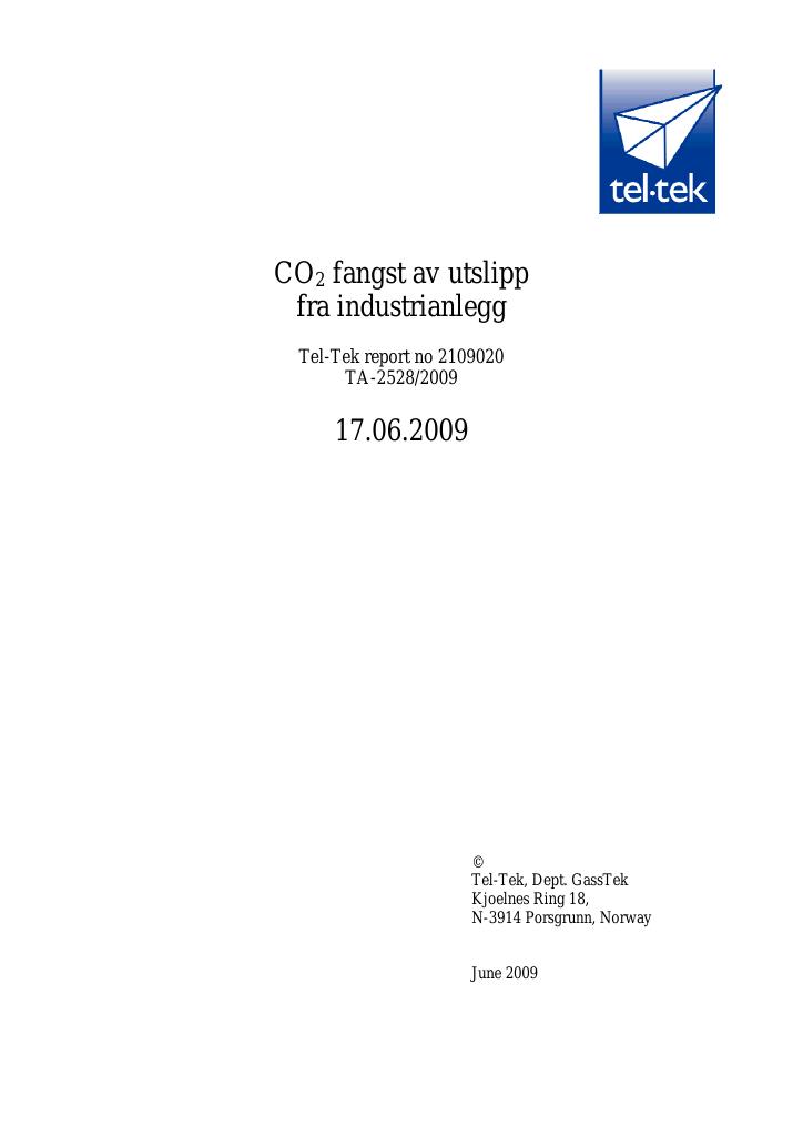 Forsiden av dokumentet CO2 fangst av utslipp fra industrianlegg