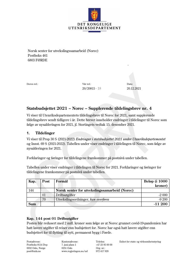 Forsiden av dokumentet Tildelingsbrev Norec 2021 - tillegg nr. 4