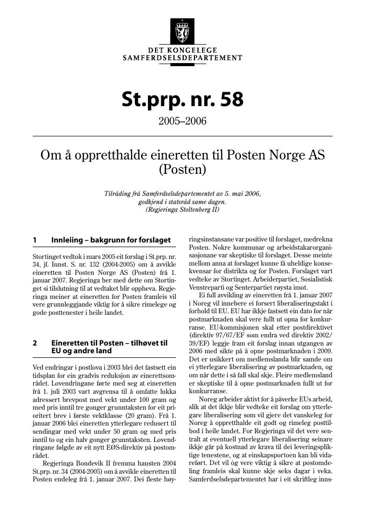 Forsiden av dokumentet St.prp. nr. 58 (2005-2006)