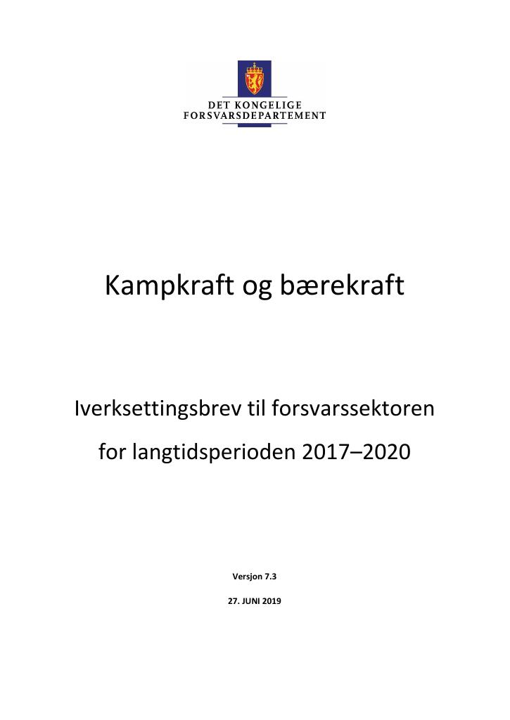 Forsiden av dokumentet Iverksettingsbrev forsvarssektoren for langtidsperioden 2017–2020
