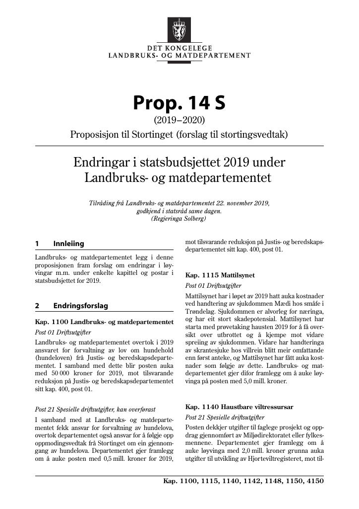 Forsiden av dokumentet Prop. 14 S (2019–2020)