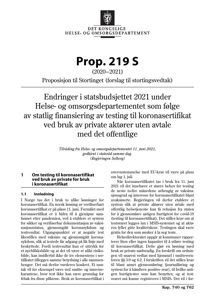 Forsiden av dokumentet Prop. 219 S (2020–2021)