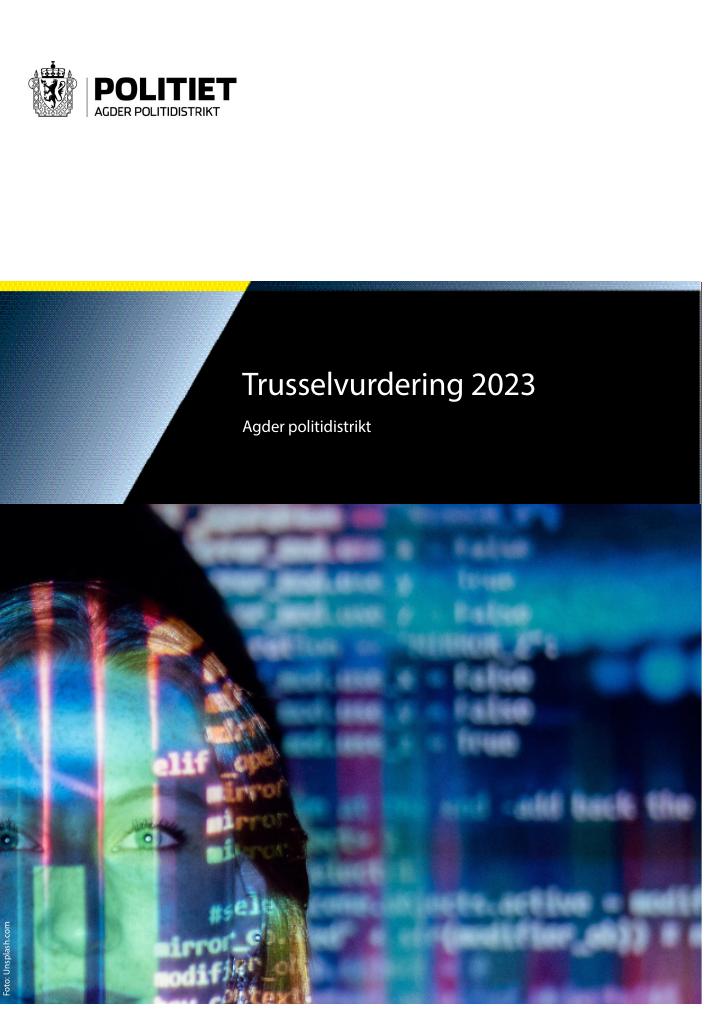 Forsiden av dokumentet Trusselvurdering for Agder 2023