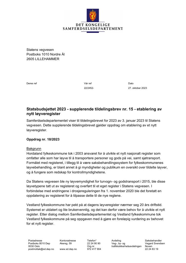 Forsiden av dokumentet Tildelingsbrev Statens vegvesen 2023 - tillegg nr. 15