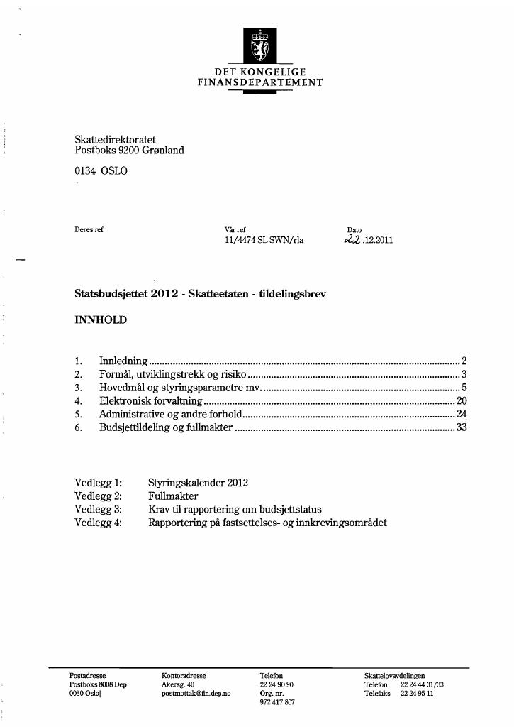 Forsiden av dokumentet Tildelingsbrev