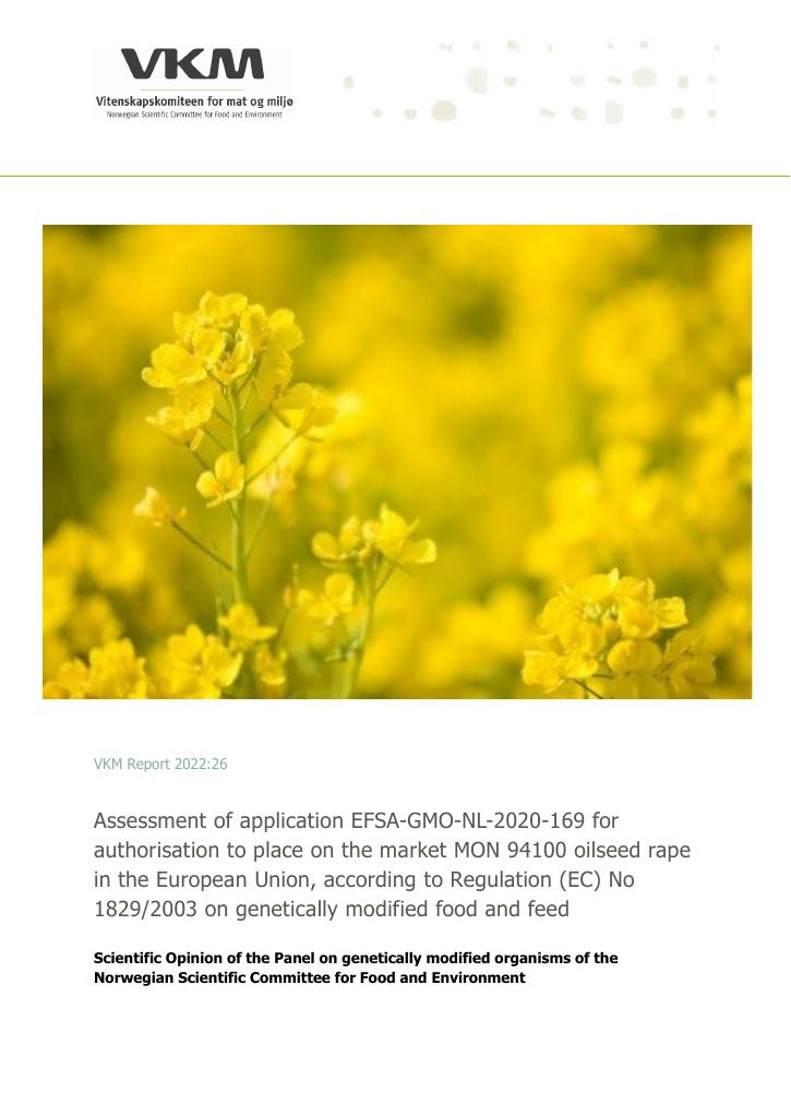 Forsiden av dokumentet Assessment of genetically modified oilseed rape MON 94100, for food and feed uses, import and processing under Regulation (EC) No 1829/2003 (application EFSA-GMO-NL-2020-169)