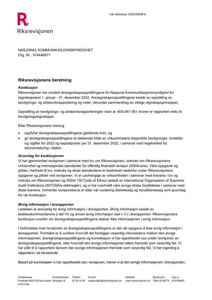 Forsiden av dokumentet revisjonsberetning(pdf) 2022