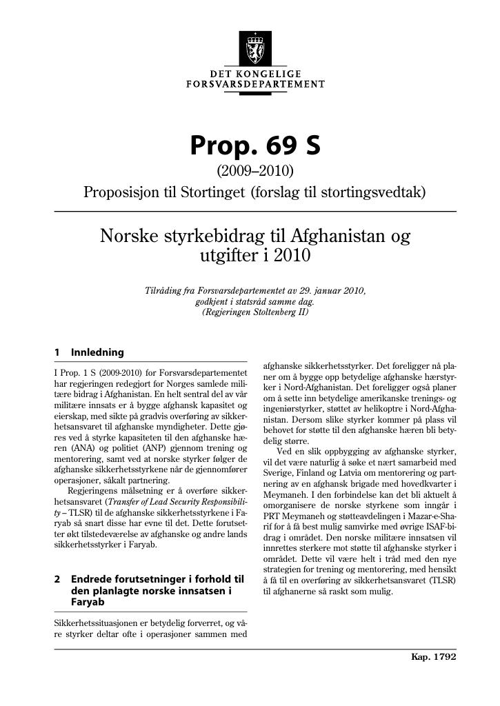 Forsiden av dokumentet Prop. 69 S (2009-2010)