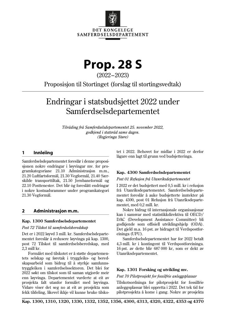 Forsiden av dokumentet Prop. 28 S (2022–2023)