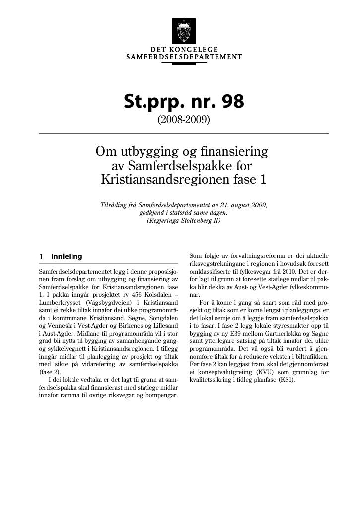 Forsiden av dokumentet St.prp. nr. 98 (2008-2009)