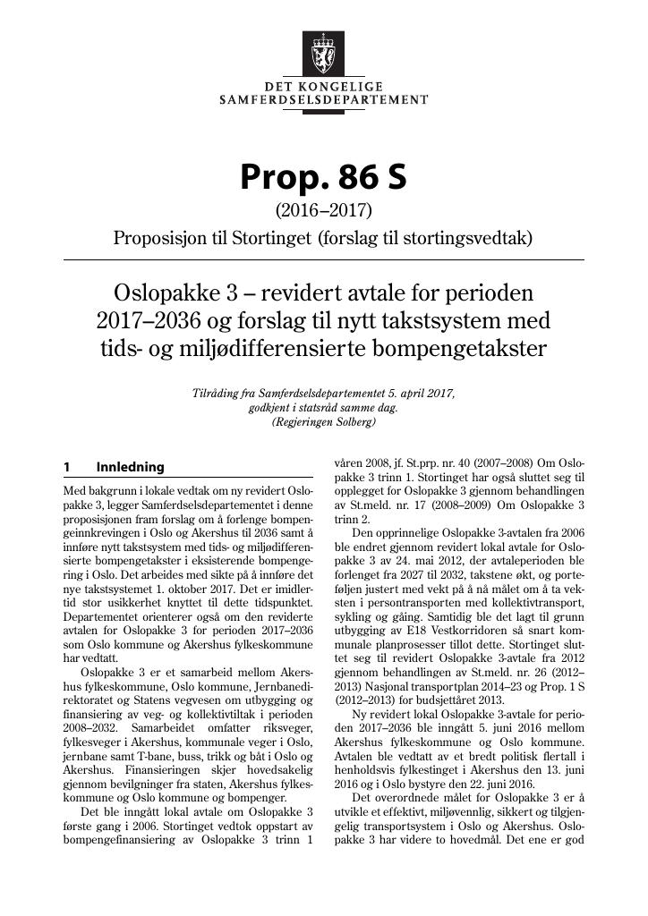 Forsiden av dokumentet Prop. 86 S (2016–2017)