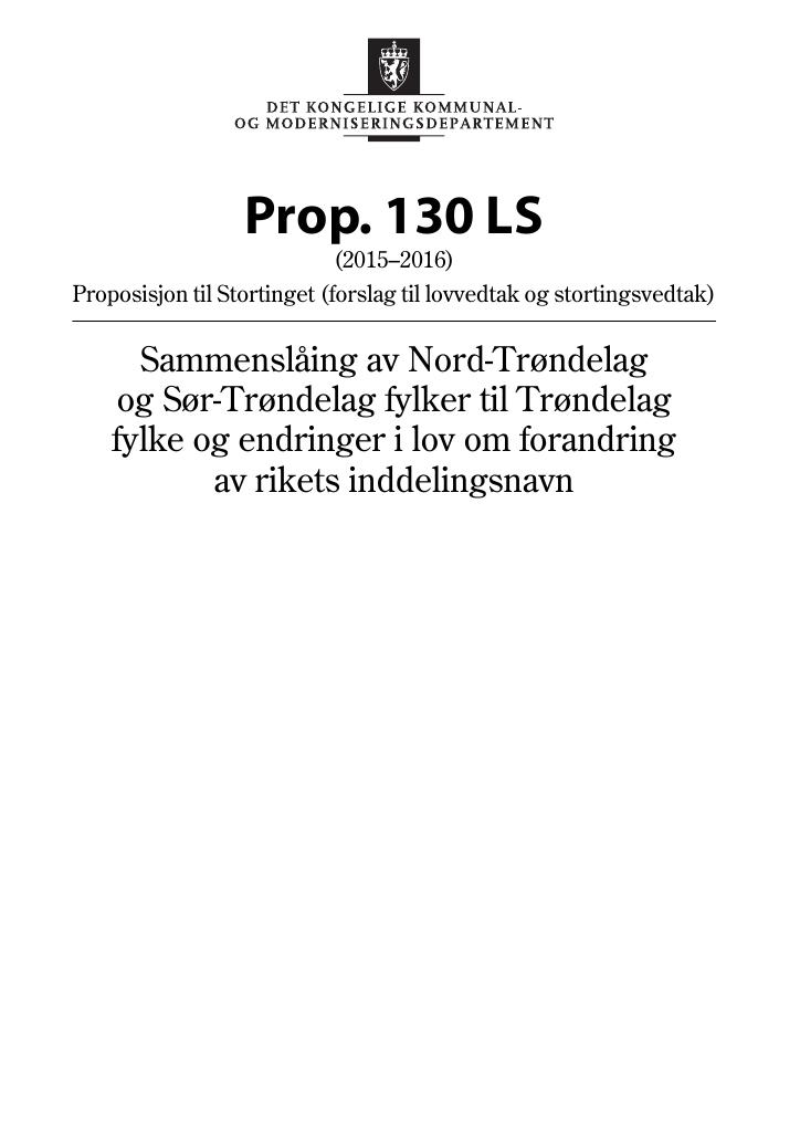 Forsiden av dokumentet Prop. 130 LS (2015–2016)