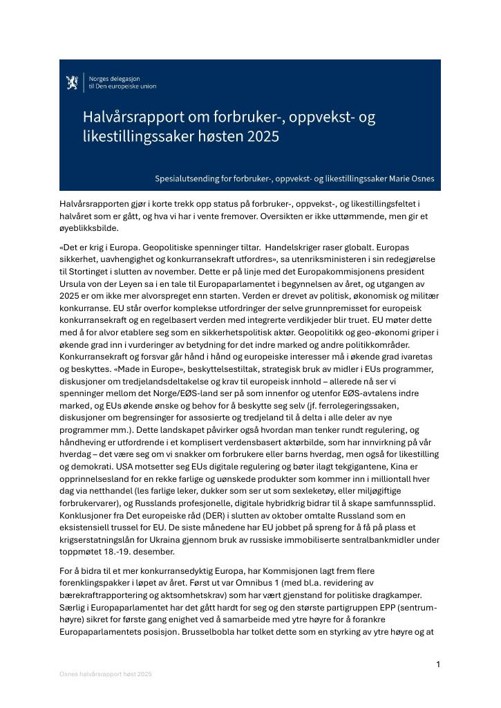 Forsiden av dokumentet EU-delegasjonens halvårsrapport om forbruker-, oppvekst-, og likestillingssaker høsten 2025