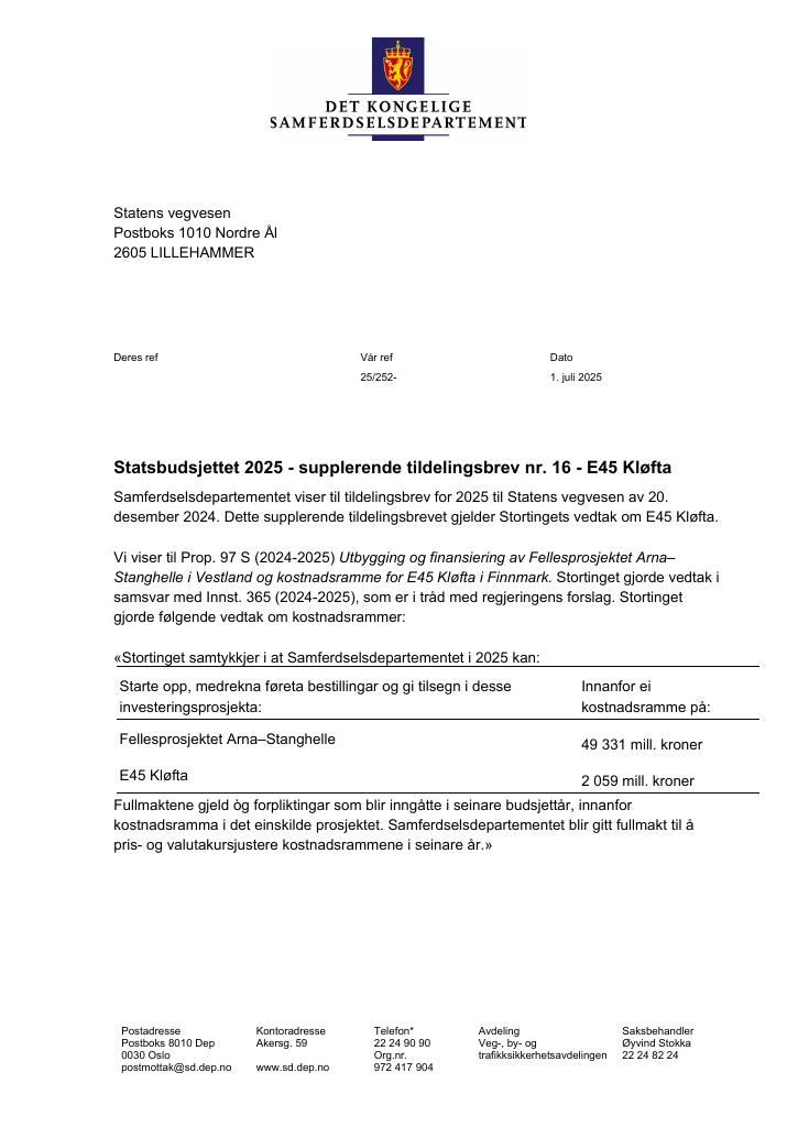 Forsiden av dokumentet Tildelingsbrev Statens vegvesen 2025 - tillegg nr. 16