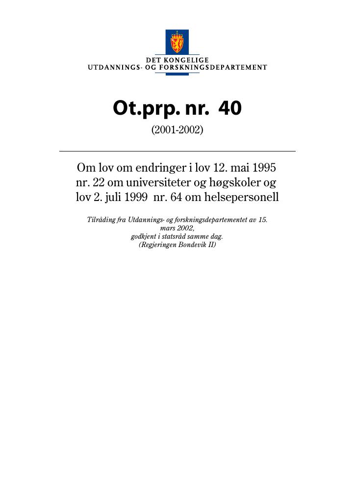 Forsiden av dokumentet Ot.prp. nr. 40 (2001-2002)