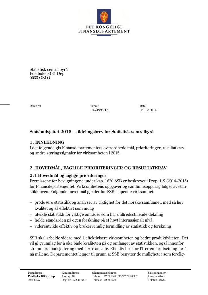 Forsiden av dokumentet Tildelingsbrev (pdf)