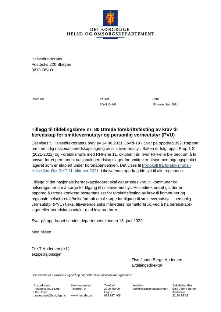 Forsiden av dokumentet Tildelingsbrev Helsedirektoratet 2021 - tillegg nr. 80