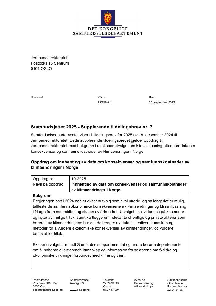 Forsiden av dokumentet Tildelingsbrev Jernbanedirektoratet 2025 - tillegg nr. 7