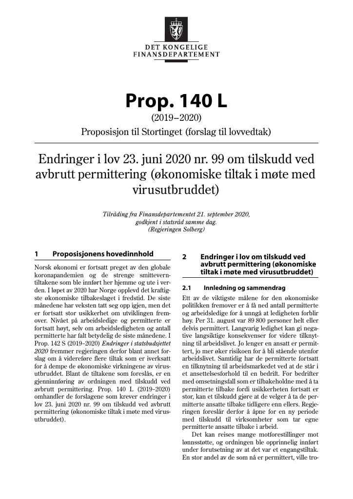 Forsiden av dokumentet Prop. 140 L (2019–2020)