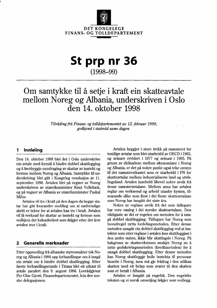 Forsiden av dokumentet St.prp. nr. 36 (1998-99)