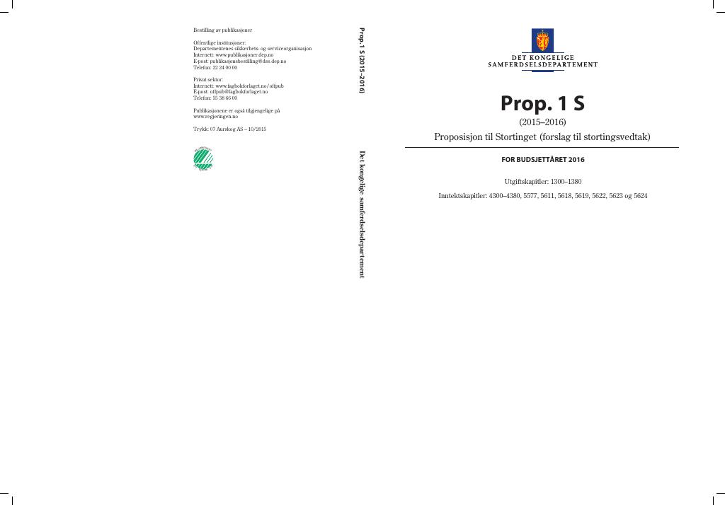 Forsiden av dokumentet Prop. 1 S (2015–2016)