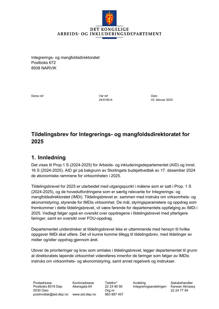 Forsiden av dokumentet Tildelingsbrev Integrerings- og mangfoldsdirektoratet (IMDi) 2025