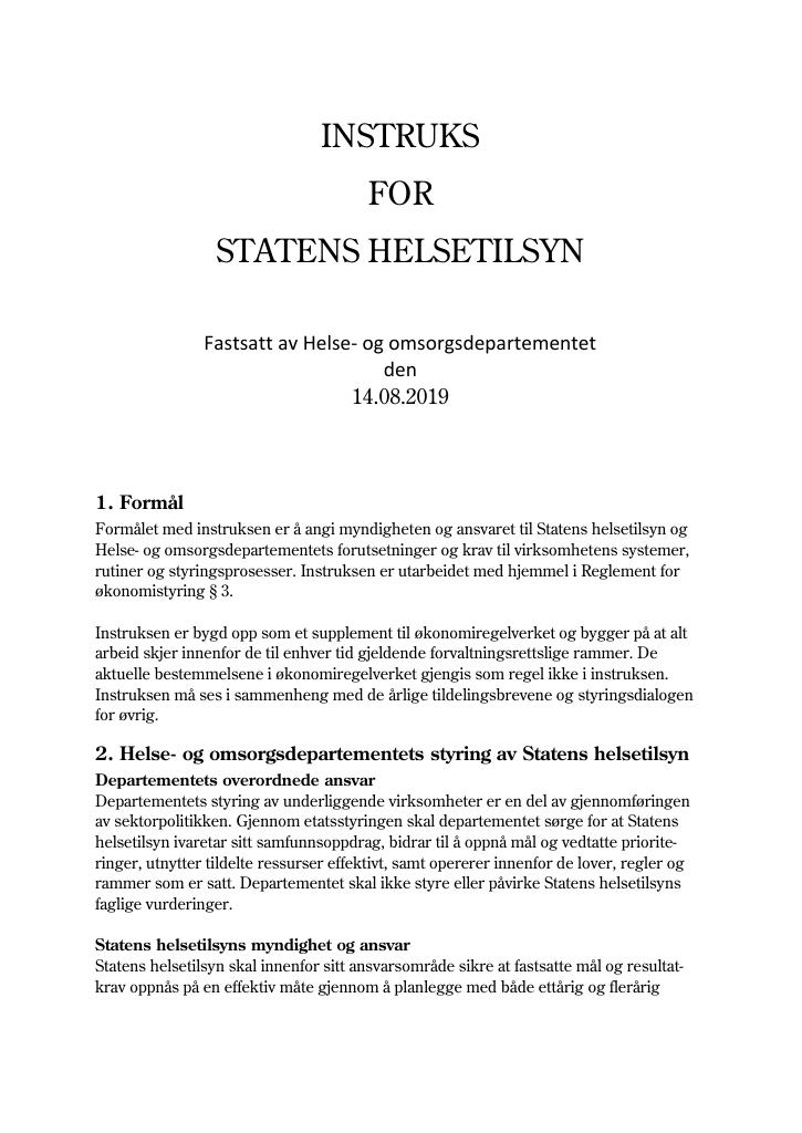 Forsiden av dokumentet Instruks Statens helsetilsyn 2019