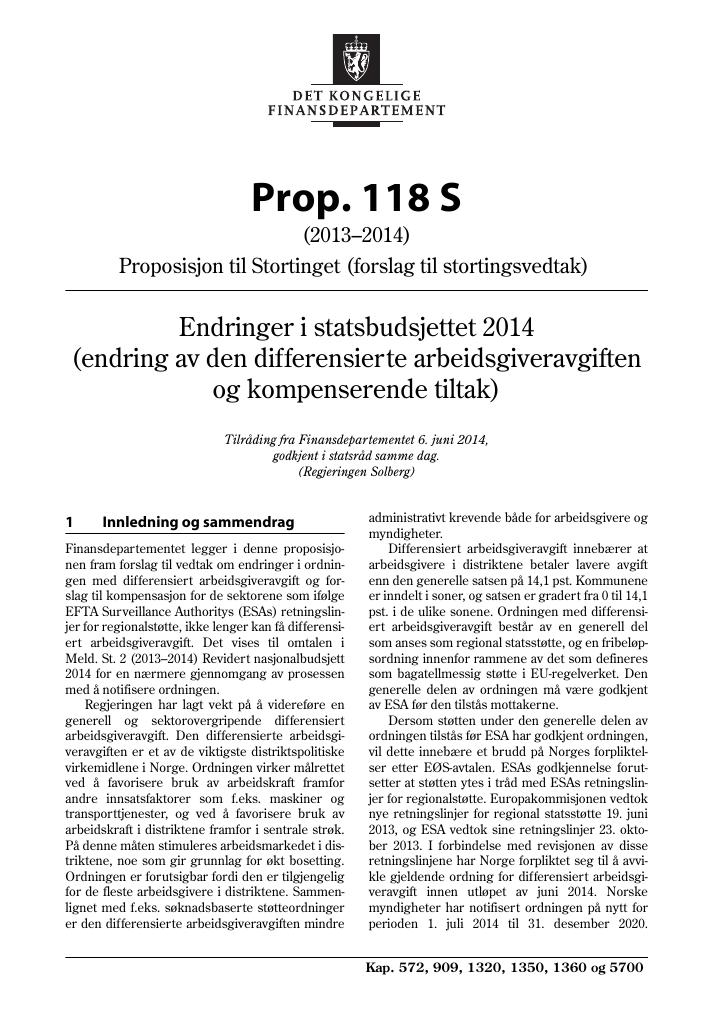 Forsiden av dokumentet Prop. 118 S (2013–2014)