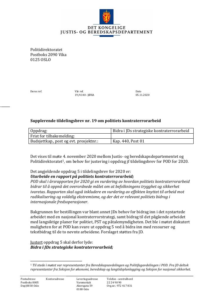Forsiden av dokumentet Supplerende tildelingsbrev nr 19 2020 (PDF)