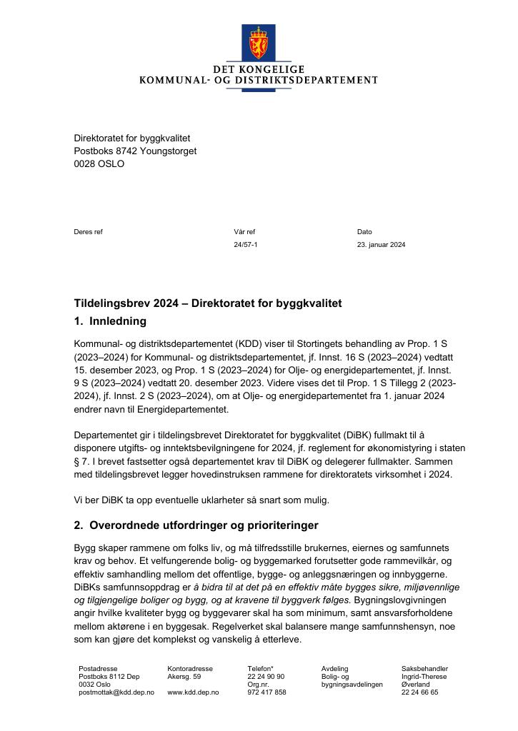 Forsiden av dokumentet Tildelingsbrev (pdf) 2024