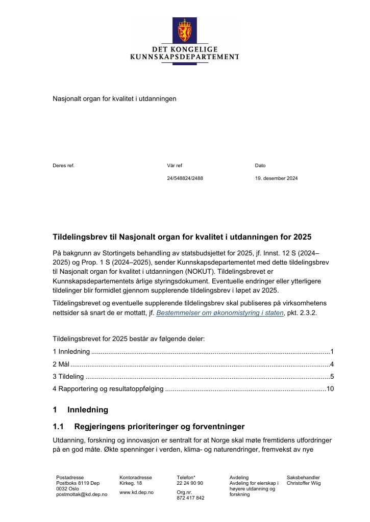 Forsiden av dokumentet Tildelingsbrev Nasjonalt organ for kvalitet i utdanningen (NOKUT) 2025