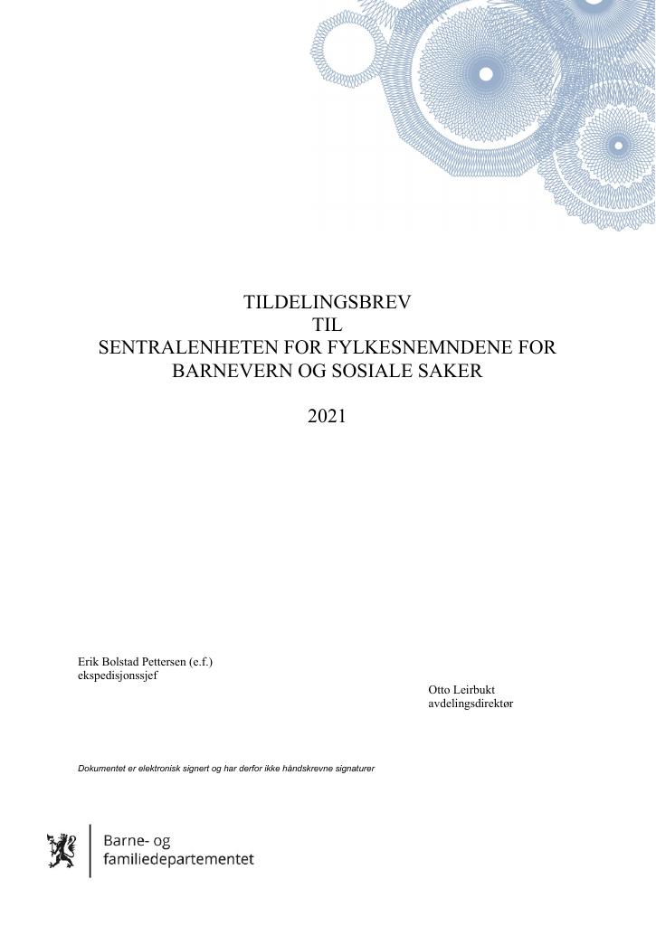 Forsiden av dokumentet Tildelingsbrev Fylkesnemndene for barnevern og sosiale saker 2021