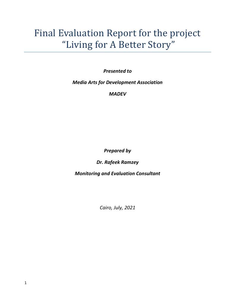 Forsiden av dokumentet ‘Living for A better Story” (LFBS) three-year project implemented by Media Arts for Development (MADEV) 2018 – 2020. Final Evaluation report