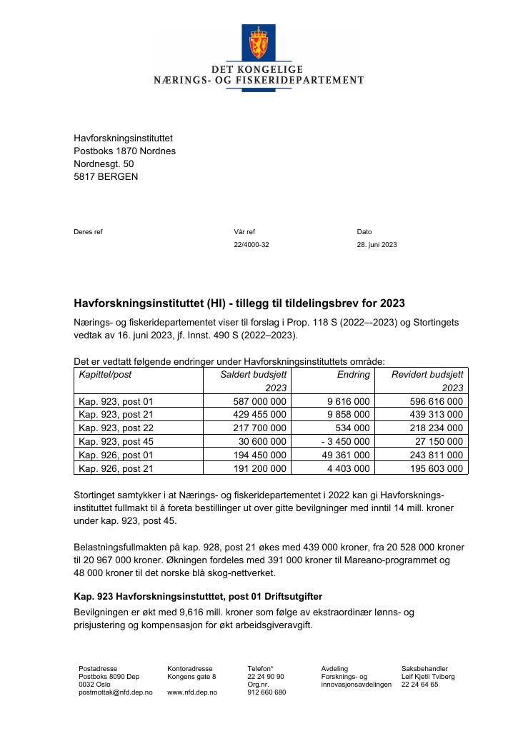 Forsiden av dokumentet Tildelingsbrev Havforskningsinstituttet 2023 - tillegg