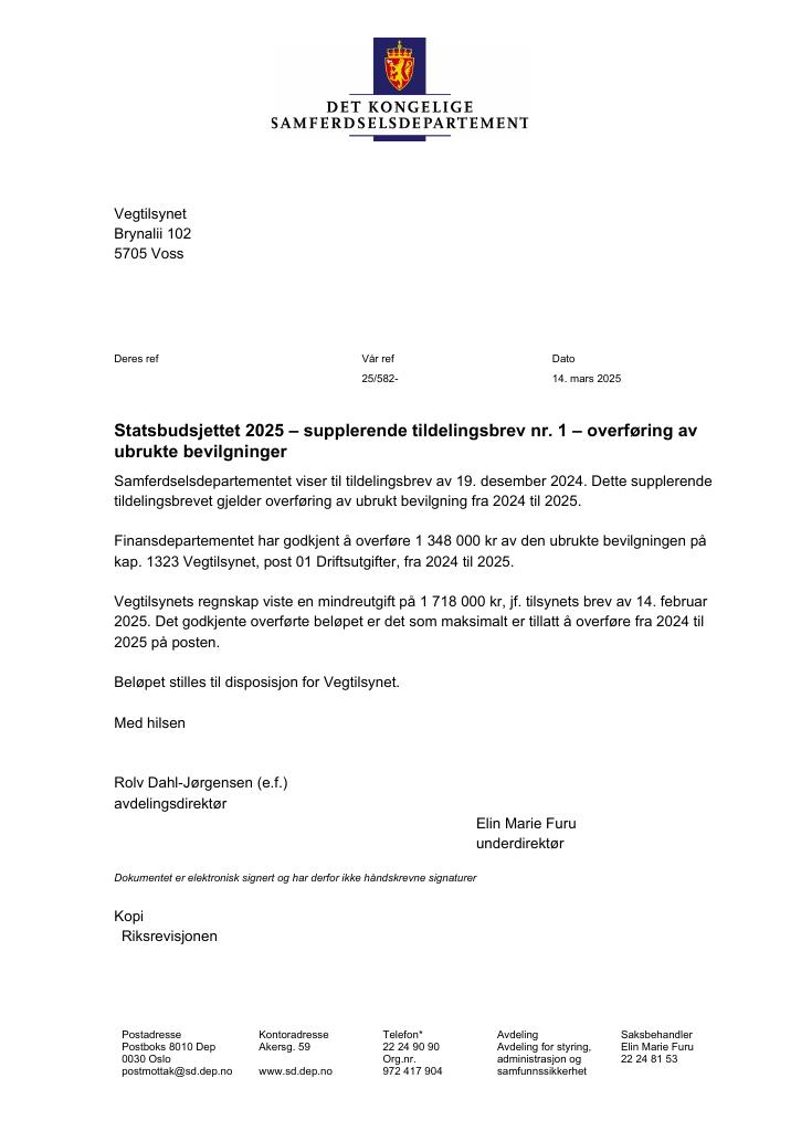 Forsiden av dokumentet Tildelingsbrev Vegtilsynet 2025 - tillegg nr. 1