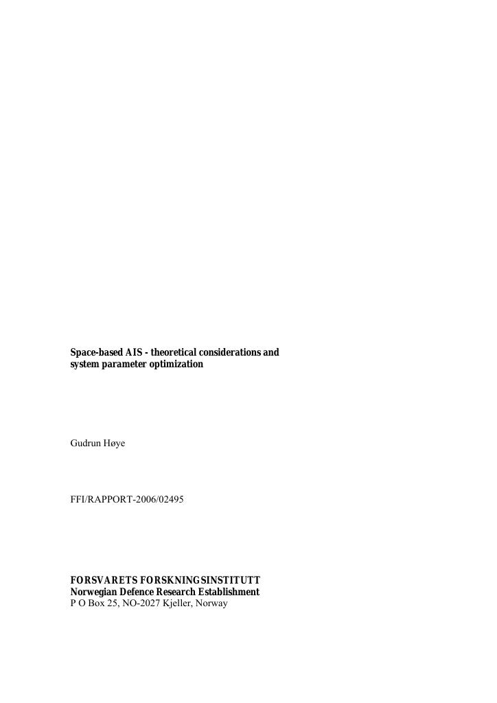 Forsiden av dokumentet Space-based AIS : theoretical considerations and system parameter optimization